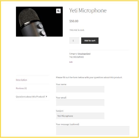 Screenshot with prefilled subject line in WooCommerce product enquiry form